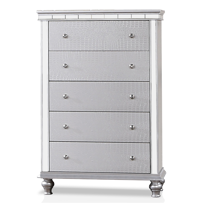FOA Pimma 6pc Silver Wood Bed Set - Cal King+2 Nightstands+Chest+Dresser+Mirror
