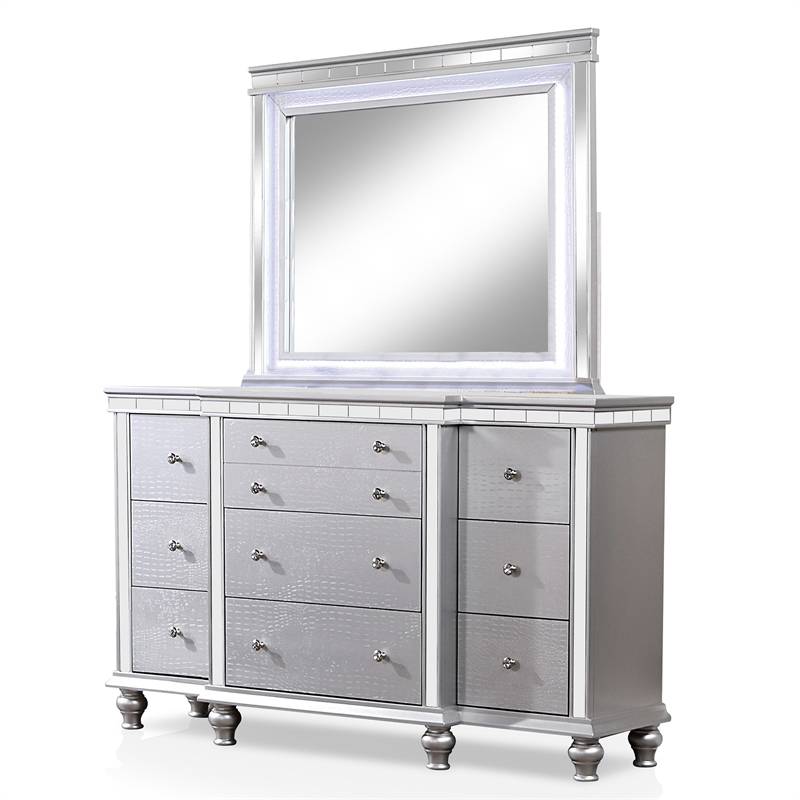 FOA Pimma 6pc Silver Wood Bed Set - Cal King+2 Nightstands+Chest+Dresser+Mirror