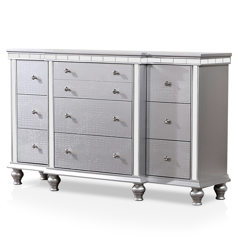 FOA Pimma 6pc Silver Wood Bed Set - Cal King+2 Nightstands+Chest+Dresser+Mirror