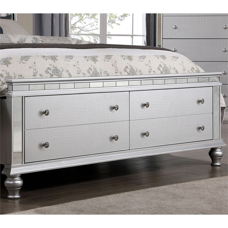 FOA Pimma 6pc Silver Wood Bed Set - Cal King+2 Nightstands+Chest+Dresser+Mirror