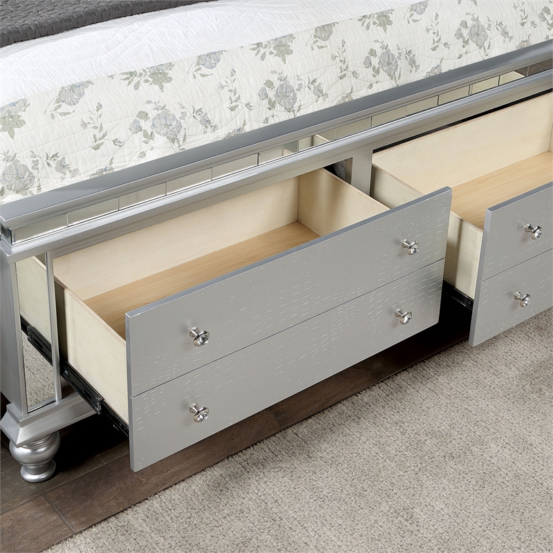 FOA Pimma 6pc Silver Wood Bed Set - Cal King+2 Nightstands+Chest+Dresser+Mirror