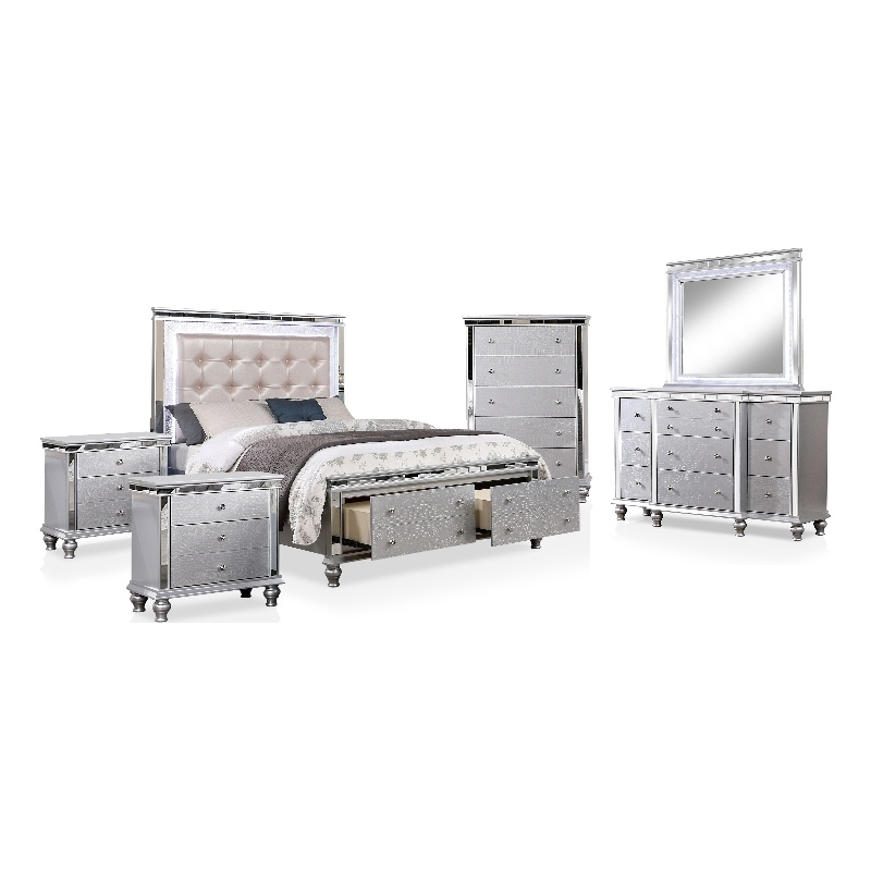 FOA Pimma 6pc Silver Wood Bed Set - Cal King+2 Nightstands+Chest+Dresser+Mirror