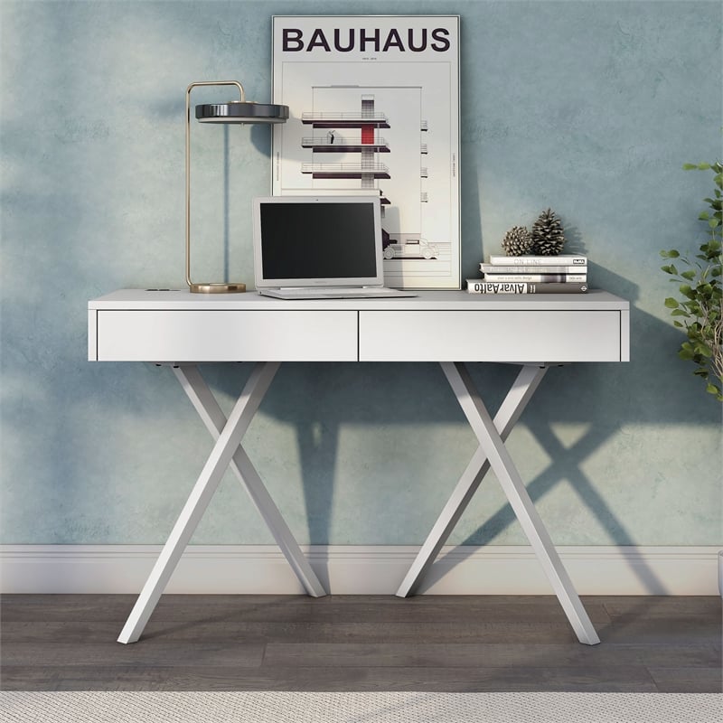 Furniture of America Alto Wood Writing Desk with USB in Luminous White