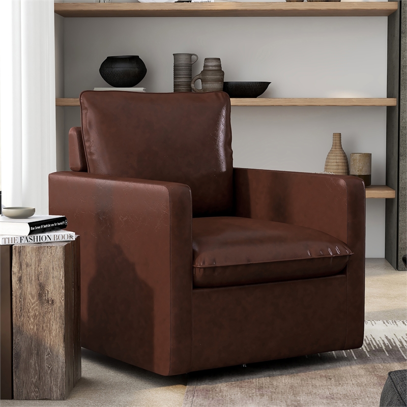 Furniture of America Elm Transitional Faux Leather Swivel Chair in Dark Brown