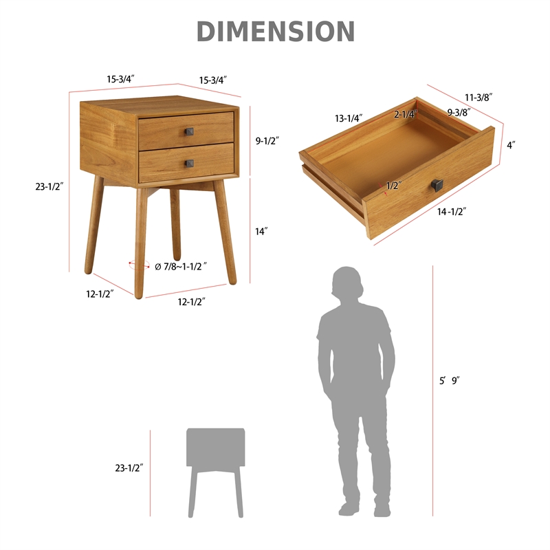 Furniture of America Alto Mid-Century Wood 2-Drawer Side Table in Light Oak