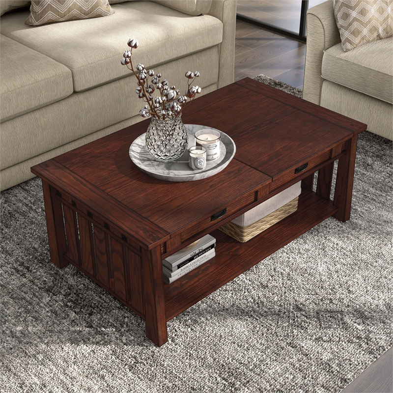 Furniture of America Elm Wood Coffee Table With Hidden Lift Shelf in Dark Oak