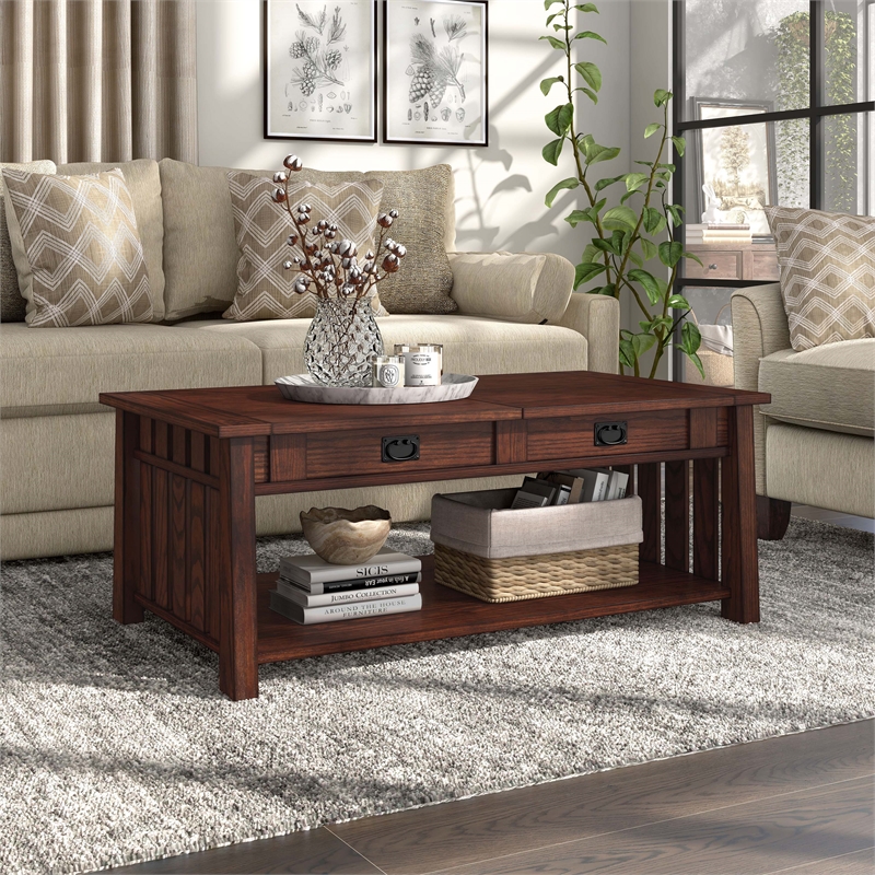 Furniture of America Elm Wood Coffee Table With Hidden Lift Shelf in Dark Oak