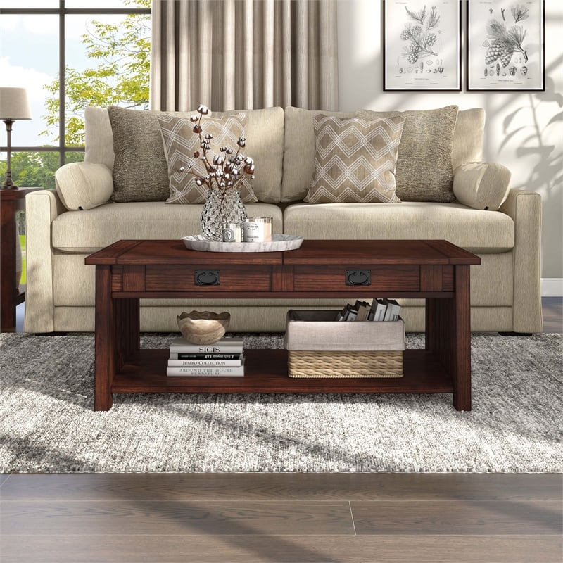 Furniture of America Elm Wood Coffee Table With Hidden Lift Shelf in Dark Oak