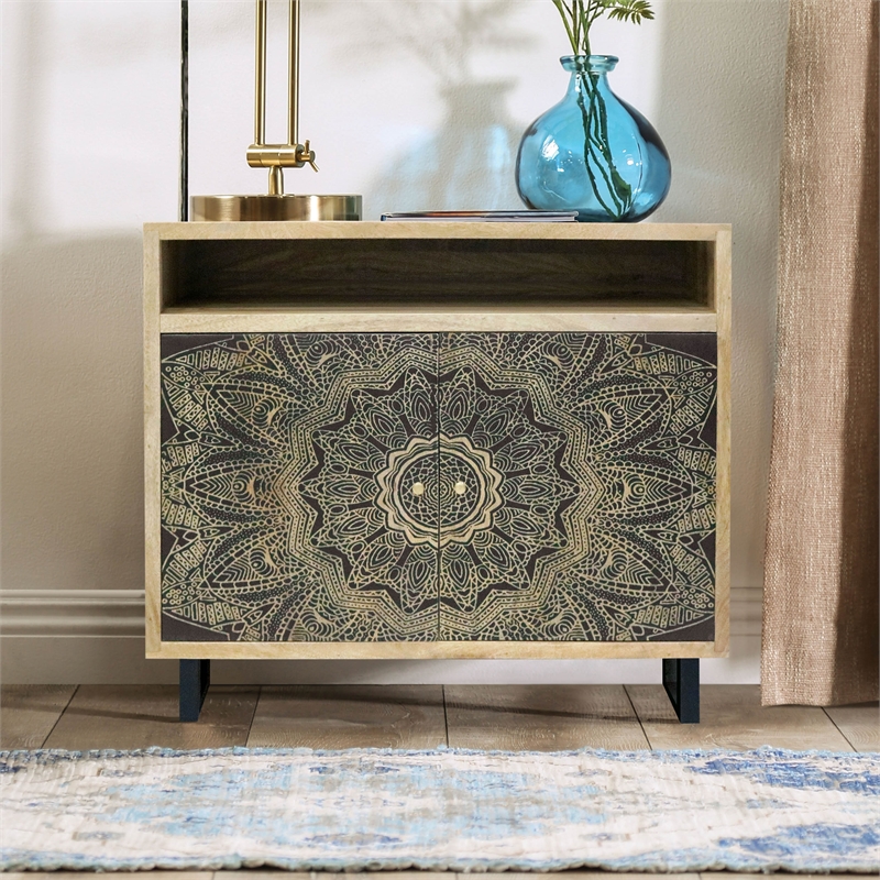 Furniture of America Druze Wood 2-Door Cabinet in Natural and Black