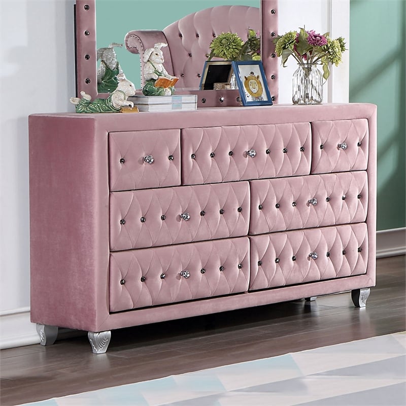 Furniture of America Gijit Glam Fabric Upholstered 7-Drawer Dresser in Pink