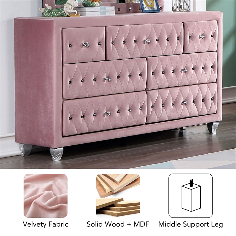 Furniture of America Gijit Glam Fabric Upholstered 7-Drawer Dresser in Pink