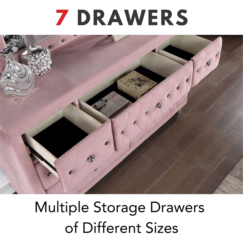 Furniture of America Gijit Glam Fabric Upholstered 7-Drawer Dresser in Pink