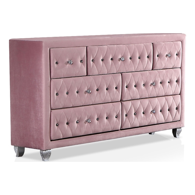 Furniture of America Gijit Glam Fabric Upholstered 7-Drawer Dresser in Pink