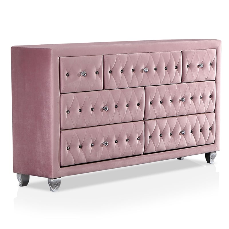 Furniture of America Gijit Glam Fabric 2-Piece Dresser and Mirror Set in Pink