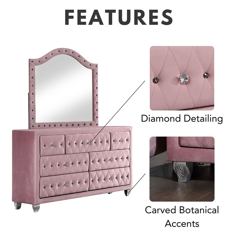 Furniture of America Gijit Glam Fabric 2-Piece Dresser and Mirror Set in Pink