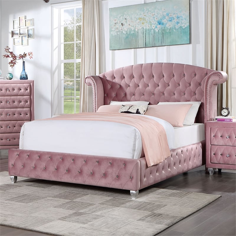Furniture of America Gijit Glam Fabric Wingback Tufted Full Bed in Pink