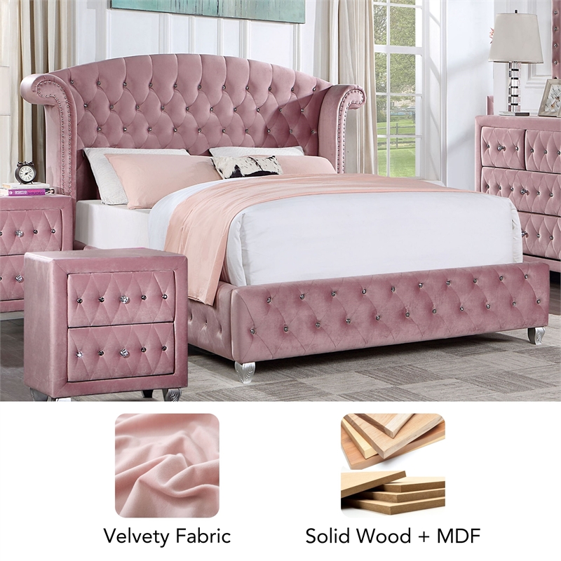 Furniture of America Gijit Glam Fabric Wingback Tufted Full Bed in Pink