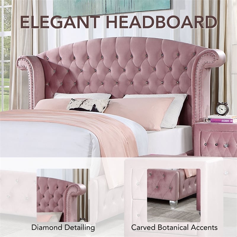 Furniture of America Gijit Glam Fabric Wingback Tufted Full Bed in Pink