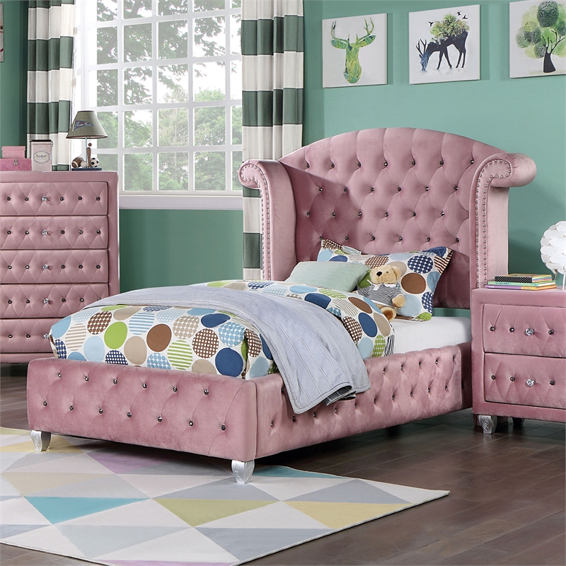 Furniture of America Gijit Glam Fabric Wingback Tufted Twin Bed in Pink