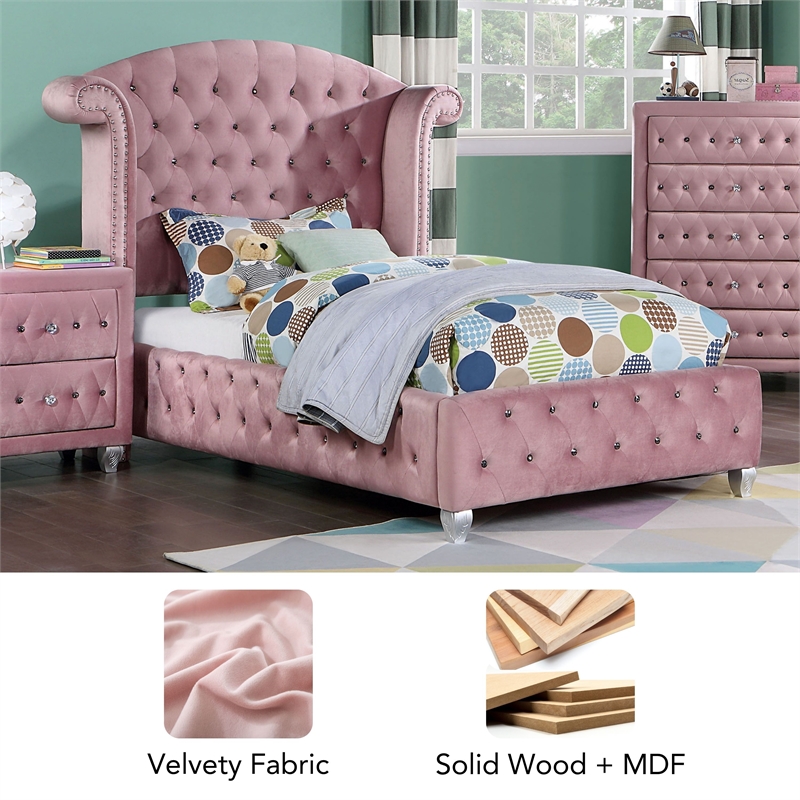 Furniture of America Gijit Glam Fabric Wingback Tufted Twin Bed in Pink