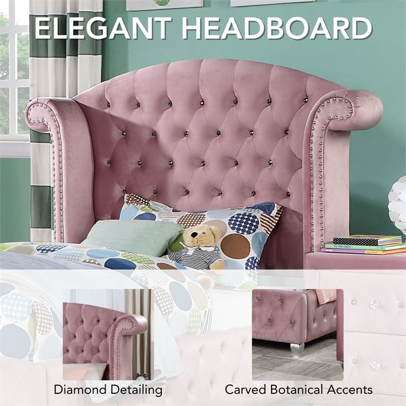 Furniture of America Gijit Glam Fabric Wingback Tufted Twin Bed in Pink