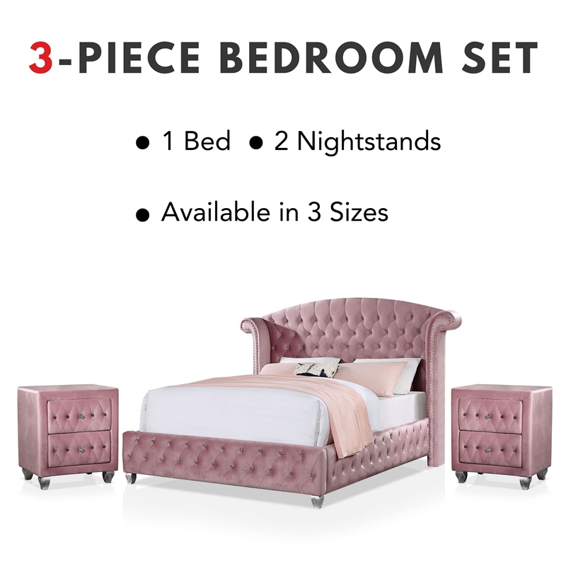 FOA Gijit 3-Piece Pink Fabric Wingback Bedroom Set - Full + 2 Nightstands