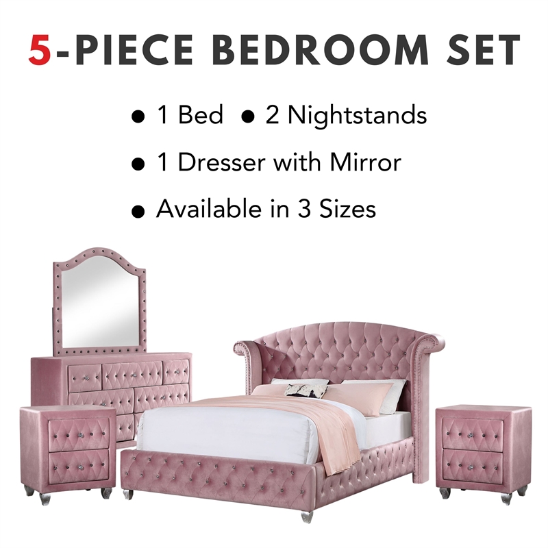 FOA Gijit 5pc Pink Fabric Bedroom Set - Full + 2 Nightstands + Dresser + Mirror