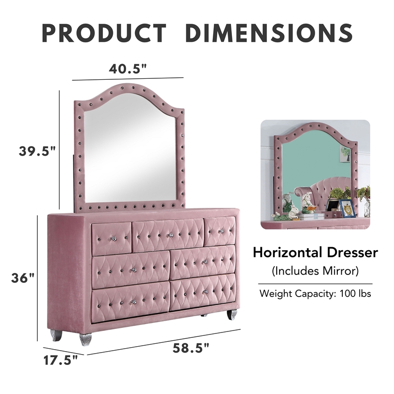 FOA Gijit 5pc Pink Fabric Bedroom Set - Full + 2 Nightstands + Dresser + Mirror