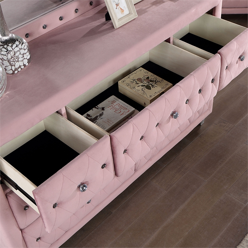 FOA Gijit 5pc Pink Fabric Bedroom Set - Full + 2 Nightstands + Dresser + Mirror