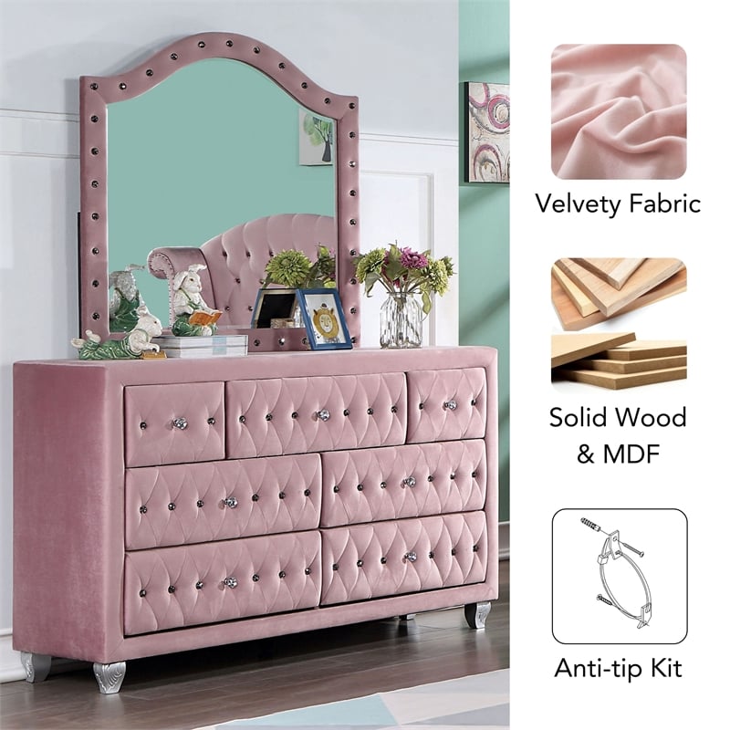 FOA Gijit 5pc Pink Fabric Bedroom Set - Twin + 2 Nightstands + Dresser + Mirror