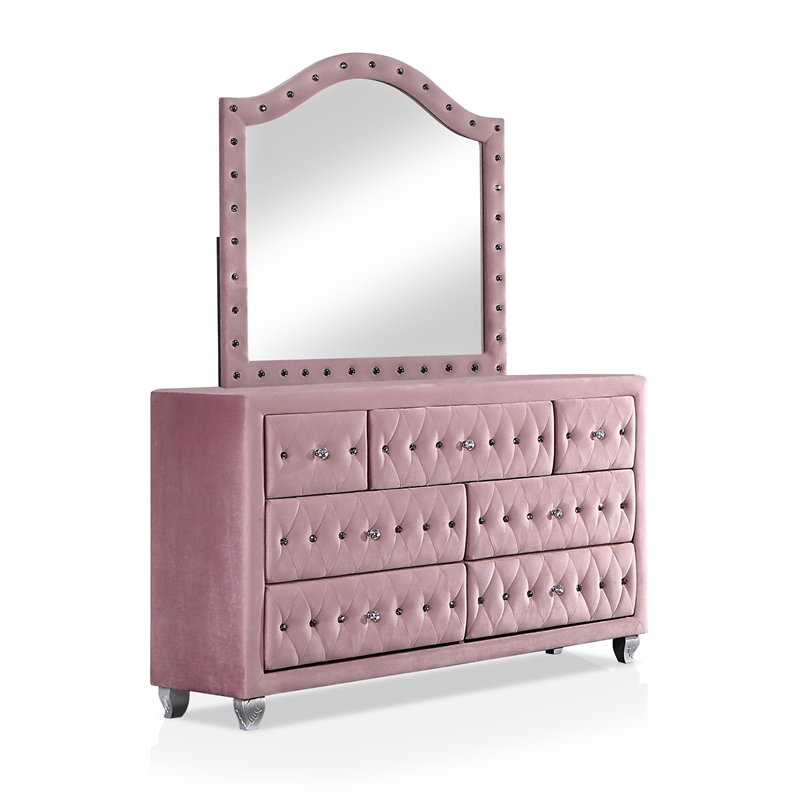 FOA Gijit 5pc Pink Fabric Bedroom Set - Twin + 2 Nightstands + Dresser + Mirror