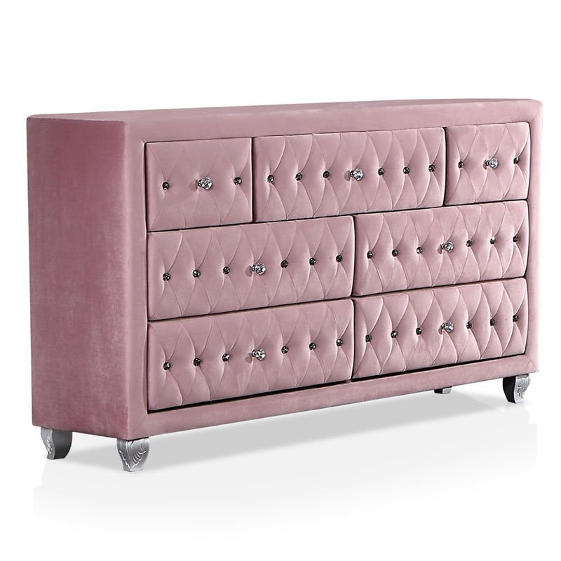 FOA Gijit 5pc Pink Fabric Bedroom Set - Twin + 2 Nightstands + Dresser + Mirror