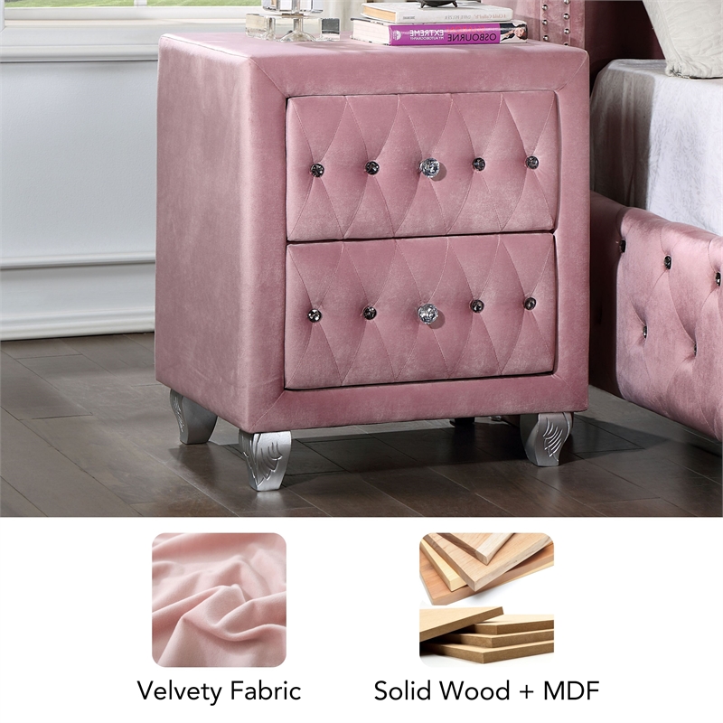 Furniture of America Gijit Glam Fabric Upholstered 2-Drawer Nightstand in Pink