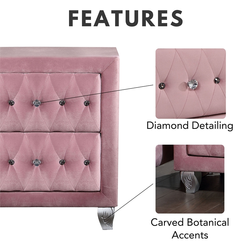 Furniture of America Gijit Glam Fabric Upholstered 2-Drawer Nightstand in Pink