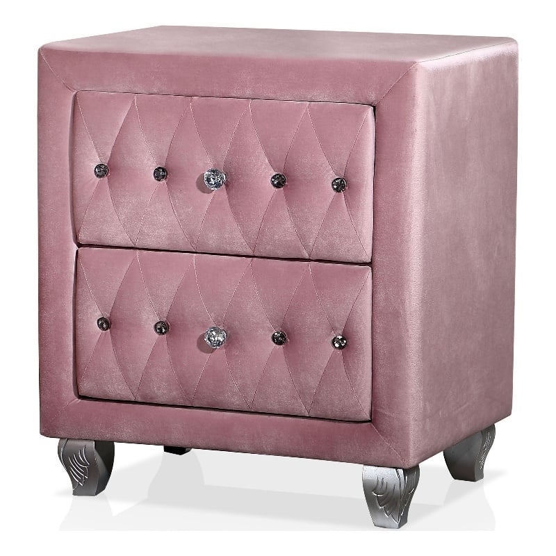 Furniture of America Gijit Glam Fabric Upholstered 2-Drawer Nightstand in Pink
