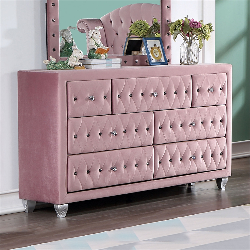 Furniture of America Cyndi Glam Fabric Upholstered Pink Dresser and Care Kit