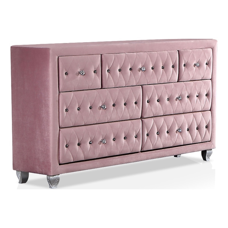 Furniture of America Cyndi Glam Fabric Upholstered Pink Dresser and Care Kit