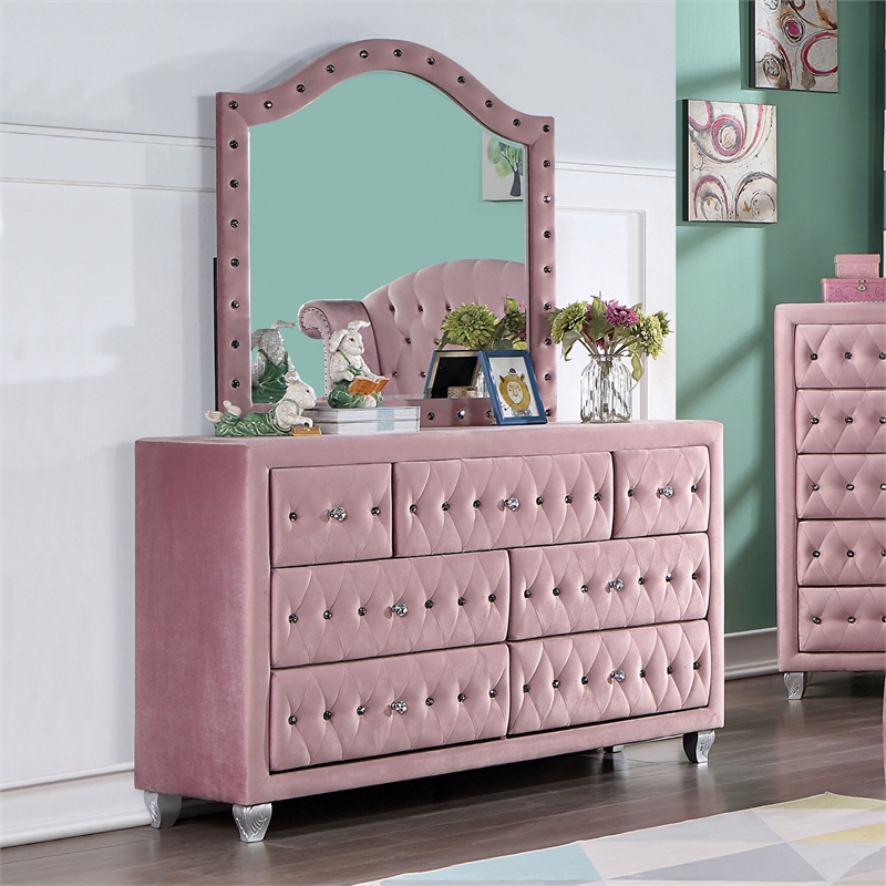 Furniture of America Cyndi Glam Fabric Pink Dresser with Mirror and Care Kit