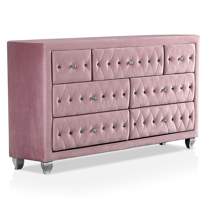 Furniture of America Cyndi Glam Fabric Pink Dresser with Mirror and Care Kit