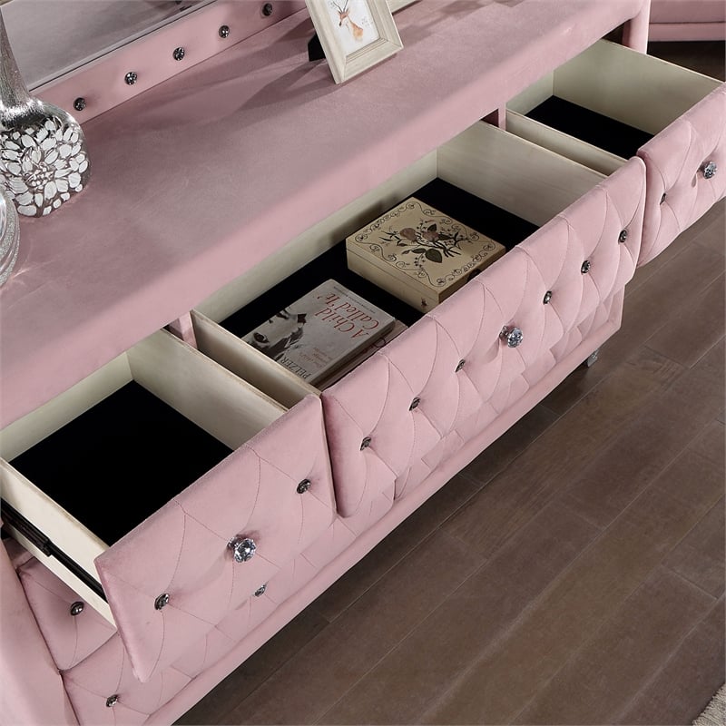 Furniture of America Cyndi Glam Fabric Pink Dresser with Mirror and Care Kit