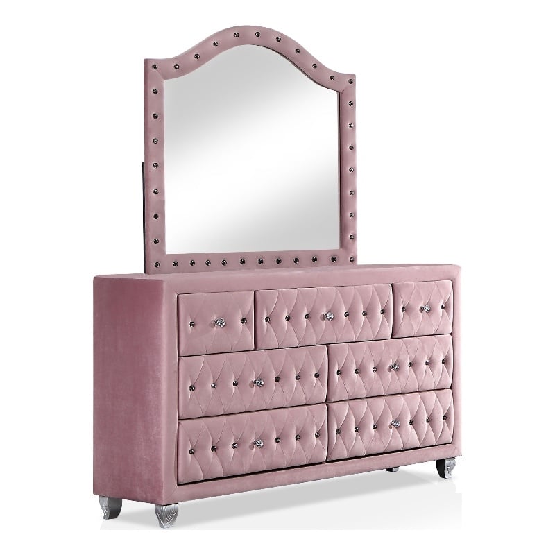 Furniture of America Cyndi Glam Fabric Pink Dresser with Mirror and Care Kit