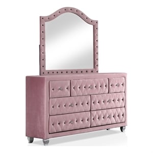 furniture of america cyndi glam fabric pink dresser with mirror and care kit