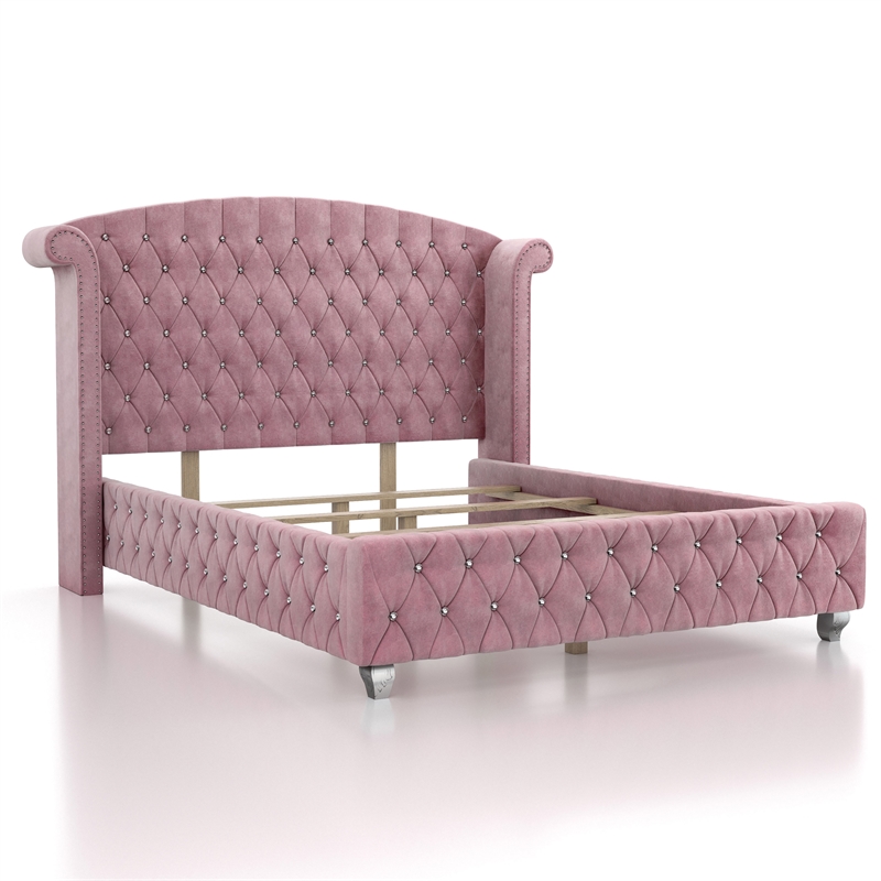 Furniture of America Cyndi Glam Fabric Wingback Pink Twin Bed with Care Kit