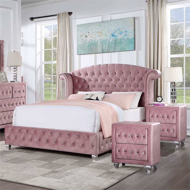 FOA Cyndi 3pc Pink Fabric Bedroom Set- Full + 2 Nightstands and Care Kit
