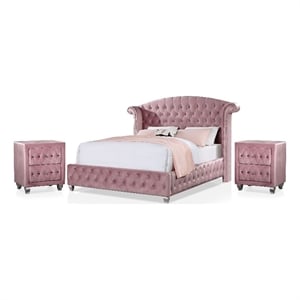 FOA Cyndi 3pc Pink Fabric Bedroom Set- Full + 2 Nightstands and Care Kit