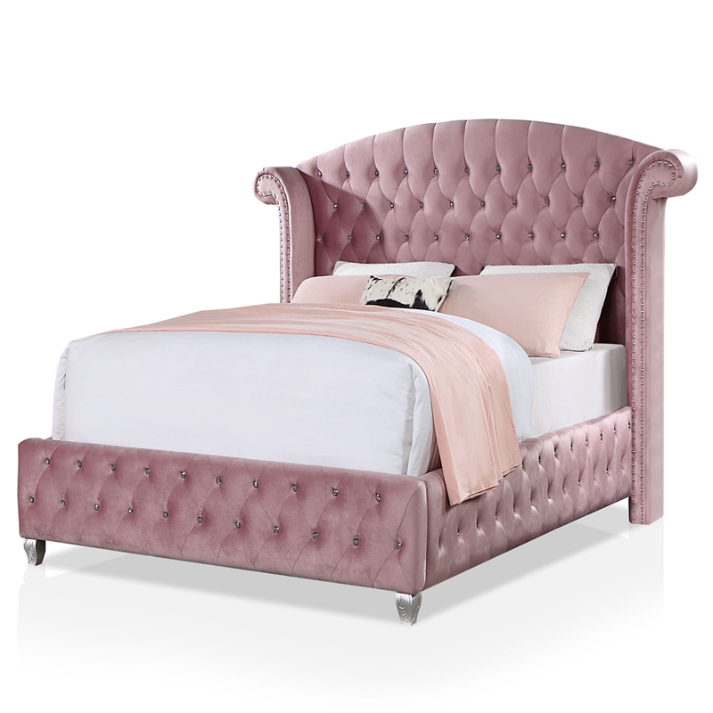 FOA Cyndi 3pc Pink Fabric Bedroom Set - Twin + 2 Nightstands and Care Kit