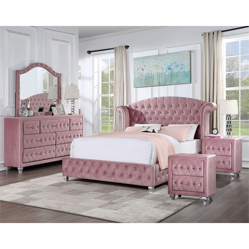 FOA Cyndi 5pc Pink Fabric Bed Set-Full+2 Nightstands+Dresser+Mirror+Care Kit