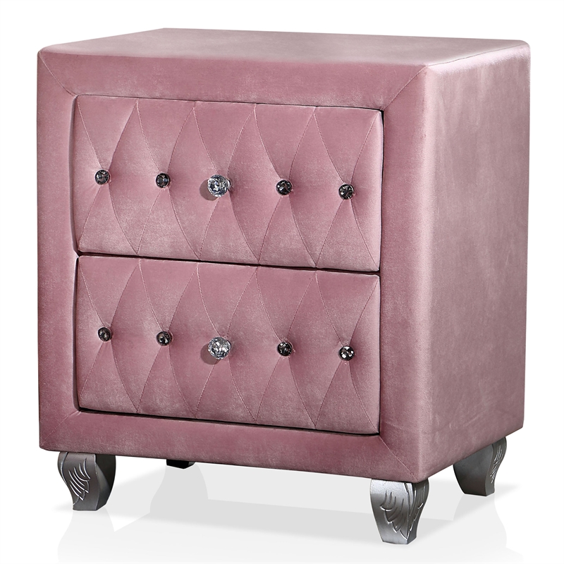 FOA Cyndi 5pc Pink Fabric Bed Set-Full+2 Nightstands+Dresser+Mirror+Care Kit