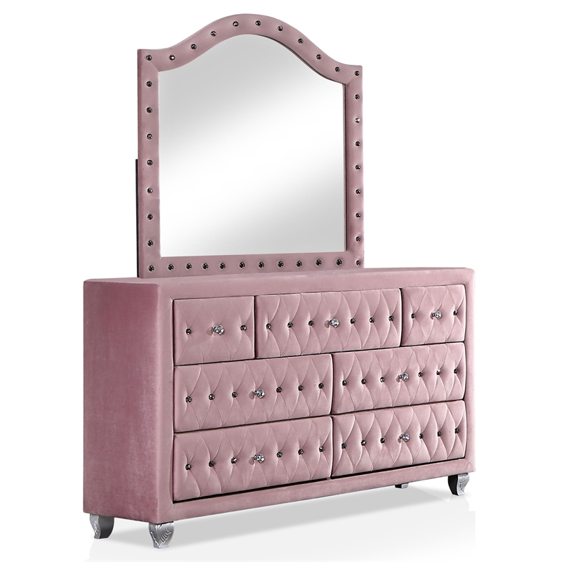 FOA Cyndi 5pc Pink Fabric Bed Set-Full+2 Nightstands+Dresser+Mirror+Care Kit