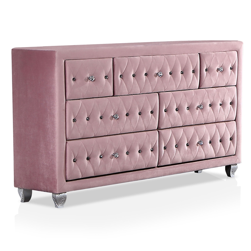 FOA Cyndi 5pc Pink Fabric Bed Set-Full+2 Nightstands+Dresser+Mirror+Care Kit